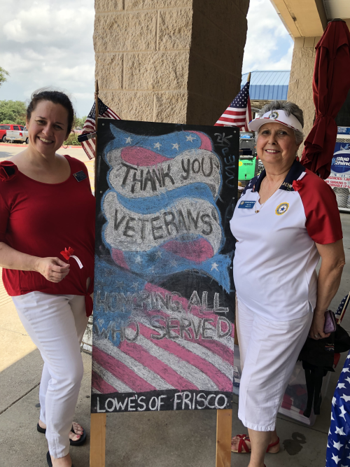 American Legion Auxiliary Unit 178 members, (L-R) Tracy Gamble and Virginia Mendlik, greeted shoppers with poppies in 2020 at the Frisco Lowe’s Home Improvement.